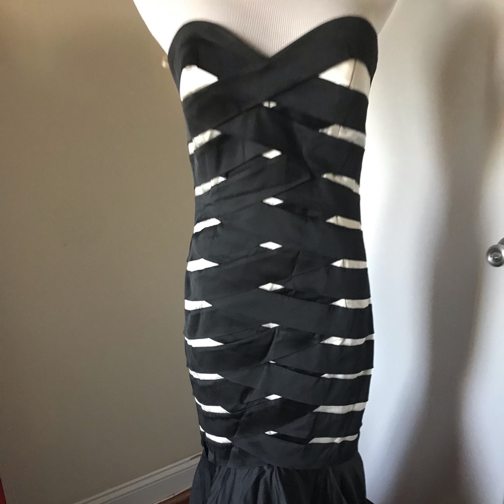 La Blanca Black & White Satin Strapless Prom Dress - Picture 2 of 5